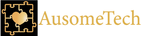 AusomeTech Logo with Text - A golden puzzle connected to a golden heart in the center of the puzzle